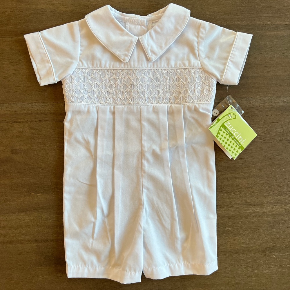 New Zuccini Boys All White Smocked Shorts Romper 6M 12M